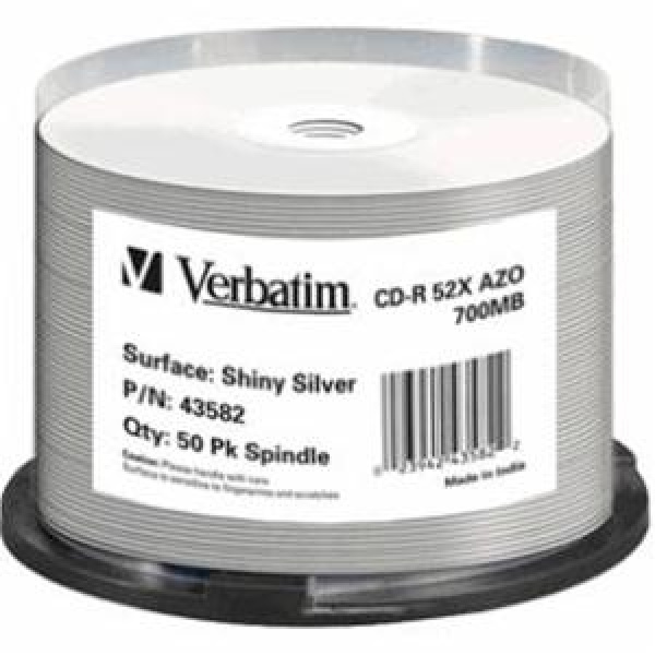 CD-R 700MB80min 52x Cake 50pz VERBATIM Azo Argentata Lucida 40118mm Pro 3