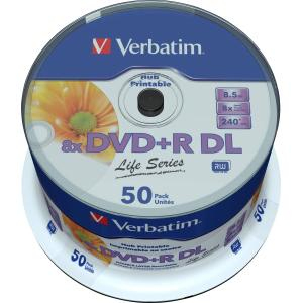 DVD+R DL 8.5GB 240min 8x Cake 50pz VERBATIM Life Stampabile Bianca 23-118mm 3