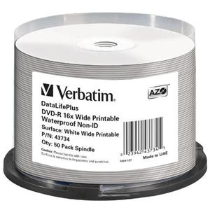 DVD-R 4.7GB 120min 16x Cake 50pz VERBATIM Azo Stampabile Bianca Glossy Waterproof 21-118mm