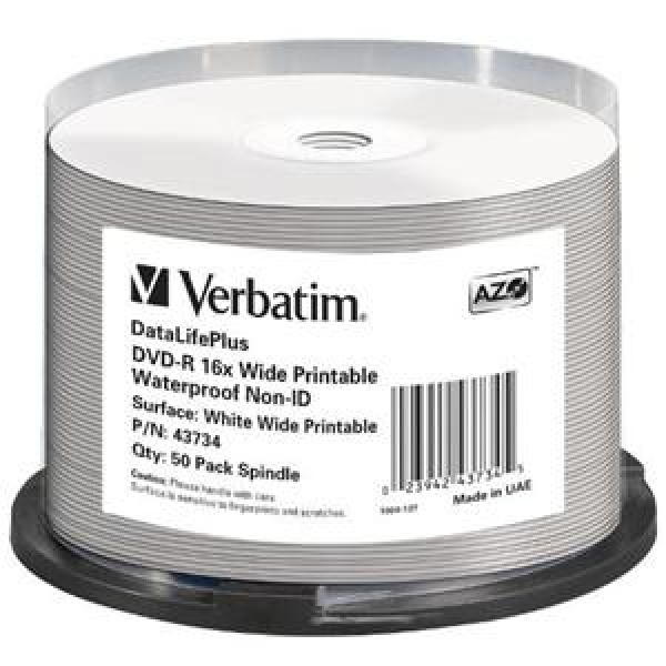 DVD-R 4.7GB 120min 16x Cake 50pz VERBATIM Azo Stampabile Bianca Glossy Waterproof 21-118mm 3