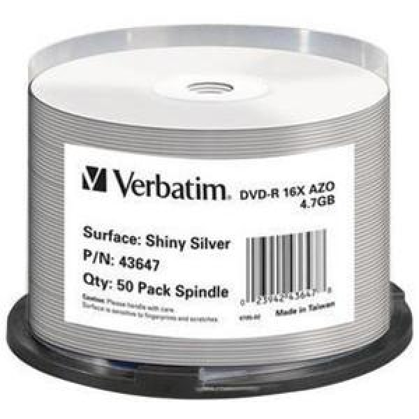 DVD-R 4.7GB 120min 16x Cake 50pz VERBATIM Azo Argentata Lucida 40-118mm 3