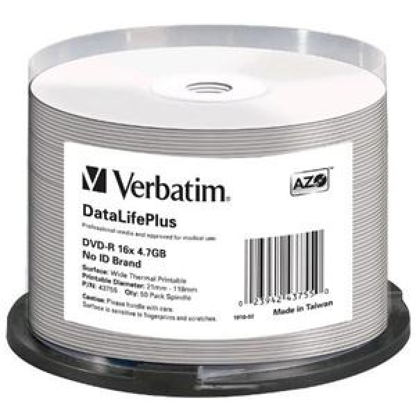 DVD-R 4.7GB120min 16x Cake 50pz VERBATIM Azo Termica Bianca 21-118mm MEDICALE 3