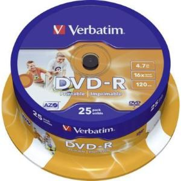 DVD-R 4.7GB 120min 16x Cake 25pz VERBATIM Azo Stampabile Bianca 21-118mm ID Brand 3