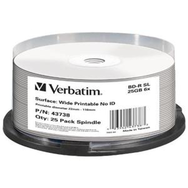 BD-R SL 25GB 6x Cake 25pz VERBATIM InkJet Bianca 22-118 3