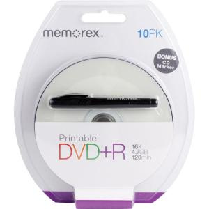 DVD+R 4.7GB 120min 16x 10pz MEMOREX Stampabile bianca 23-118mm + pennarello BLISTER