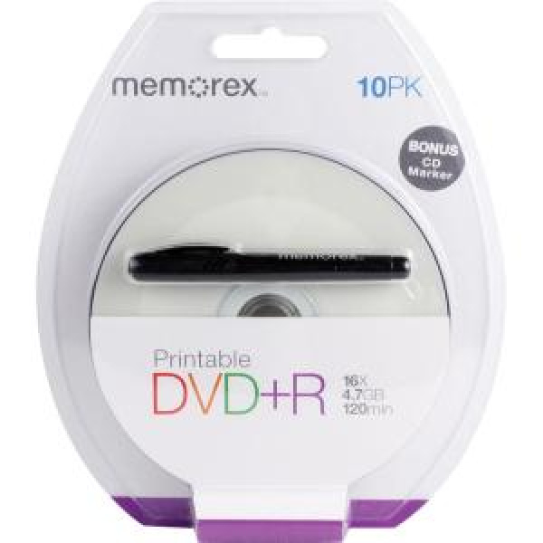 DVD+R 4.7GB 120min 16x 10pz MEMOREX Stampabile bianca 23-118mm + pennarello BLISTER 3