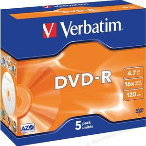 DVD-R 4.7GB 120min 16x Jewel 5pz VERBATIM Azo