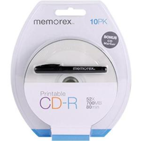 CD-R 700MB 80min 52x Blister 10pz MEMOREX Stampabile Bianca 22-118mm con pennarello nero 3