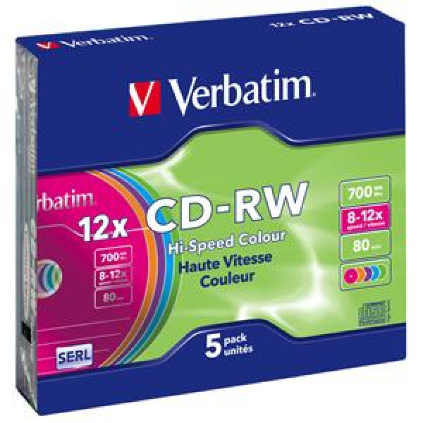 CD-RW 700MB 80min 12x Slim 5pz VERBATIM SERL Colorati ReWritable 3