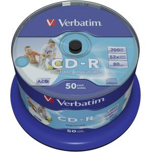 CD-R 700MB 80min 52x Cake 50pz VERBATIM Azo Stampabile Bianca 23-118mm
