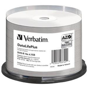 DVD-R 4.7GB 120min 16x Cake 50pz VERBATIM Azo Stampabile Bianca 21-118mm MEDICALE