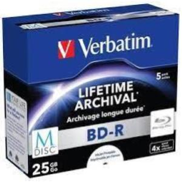 Blu-Ray BD-R M-DISC SL 25GB 4x Jewel 5pz VERBATIM Stampabile Bianca 40-118mm 3