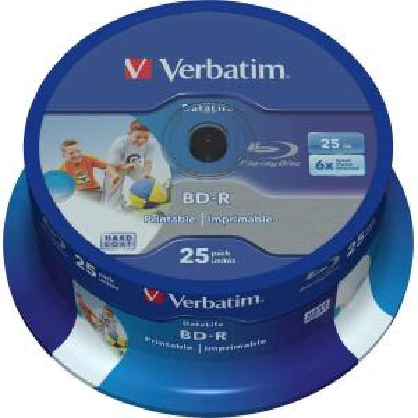 Blu-Ray BD-R SL 25GB 6x Cake 25pz VERBATIM Stampabile Bianca 22-118mm 3