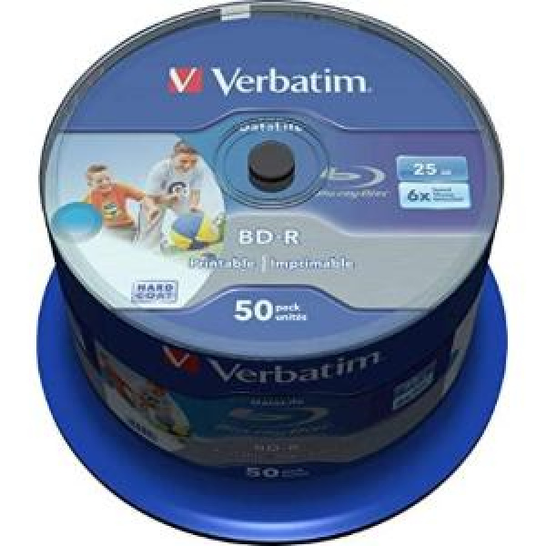 Blu-Ray BD-R SL 25GB 6x Cake 50pz VERBATIM Stampabile Bianca 22-118mm 3