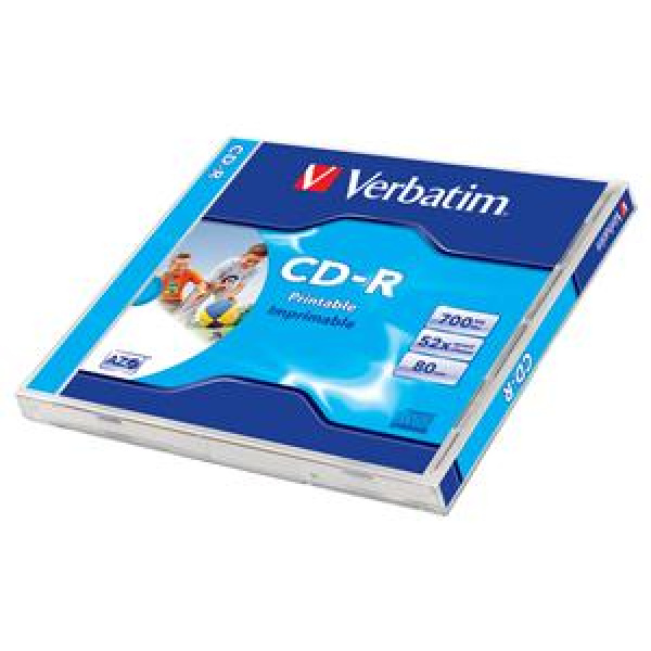 CD-R 700MB 80min 52x Jewel 1pz VERBATIM Azo Stampabile Bianca 23 118mm 3