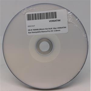 CD-R 700MB 80min 52x Bulk 10pz VERBATIM Pro Azo Stampabile Bianca 23118mm MEDICALE RICONFEZIONATO