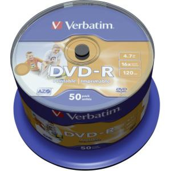DVD-R 4.7GB 120min 16x Cake 50pz VERBATIM Azo Stampabile Bianca 21-118mm 3