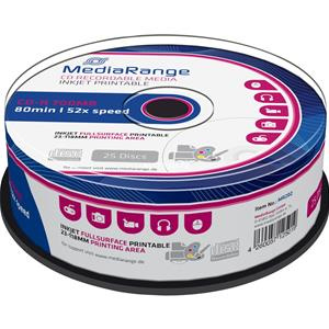 CD-R 700MB 80min 52x Cake 25pz MediaRange Stampabile Bianca 23-118mm
