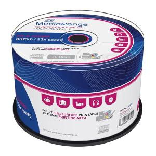 CD-R 700MB 80min 52x Cake 50pz MediaRange Stampabile Bianca 23-118mm 3
