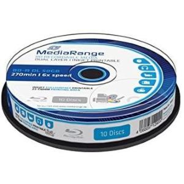 Blu-Ray BD-R DL 50GB 6x Cake 10pz MEDIARANGE Stampabile Bianca 23-118mm 3