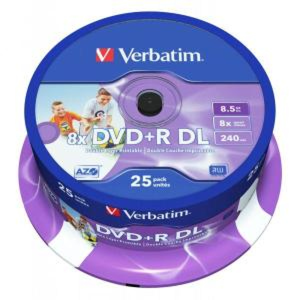 DVD+R DL 8.5GB 240min 8x Cake 25pz VERBATIM Azo Stampabile Bianca 22-118mm 3